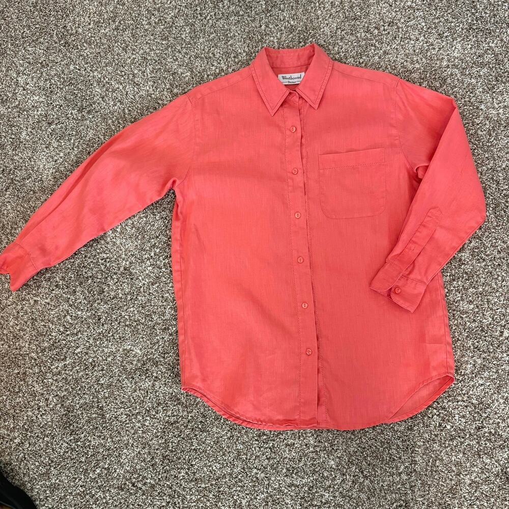 Westbound Petites 100% Linen Button Front Shirt Coral Pink Long Sleeve PS